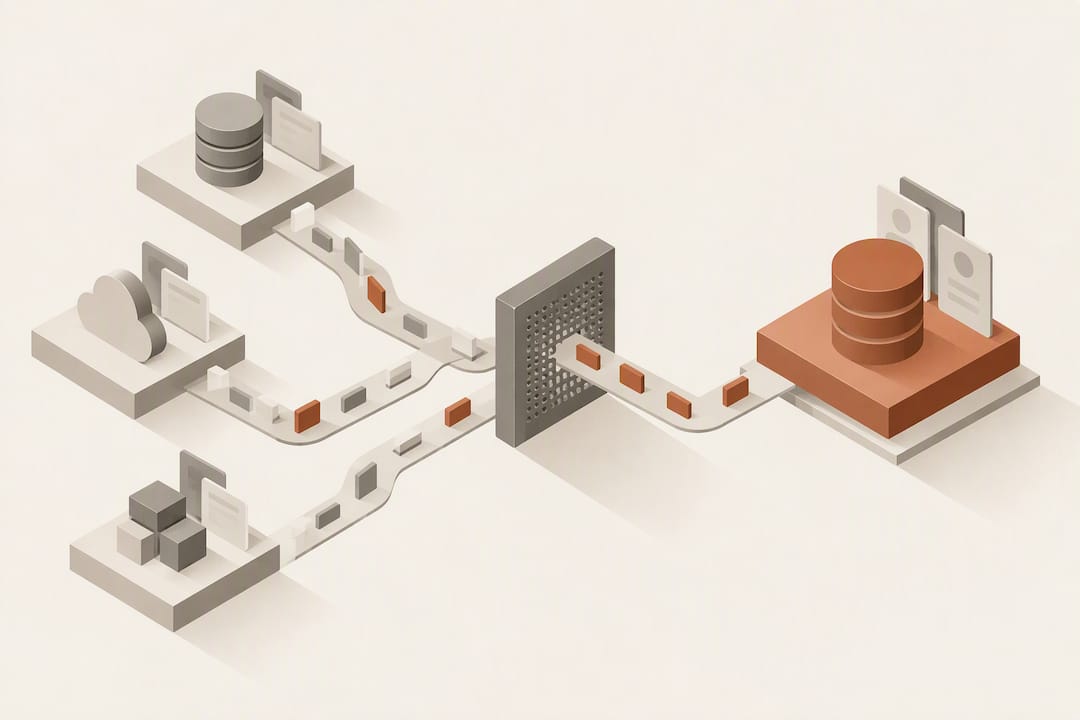 Isometric real-time CRM data architecture illustration