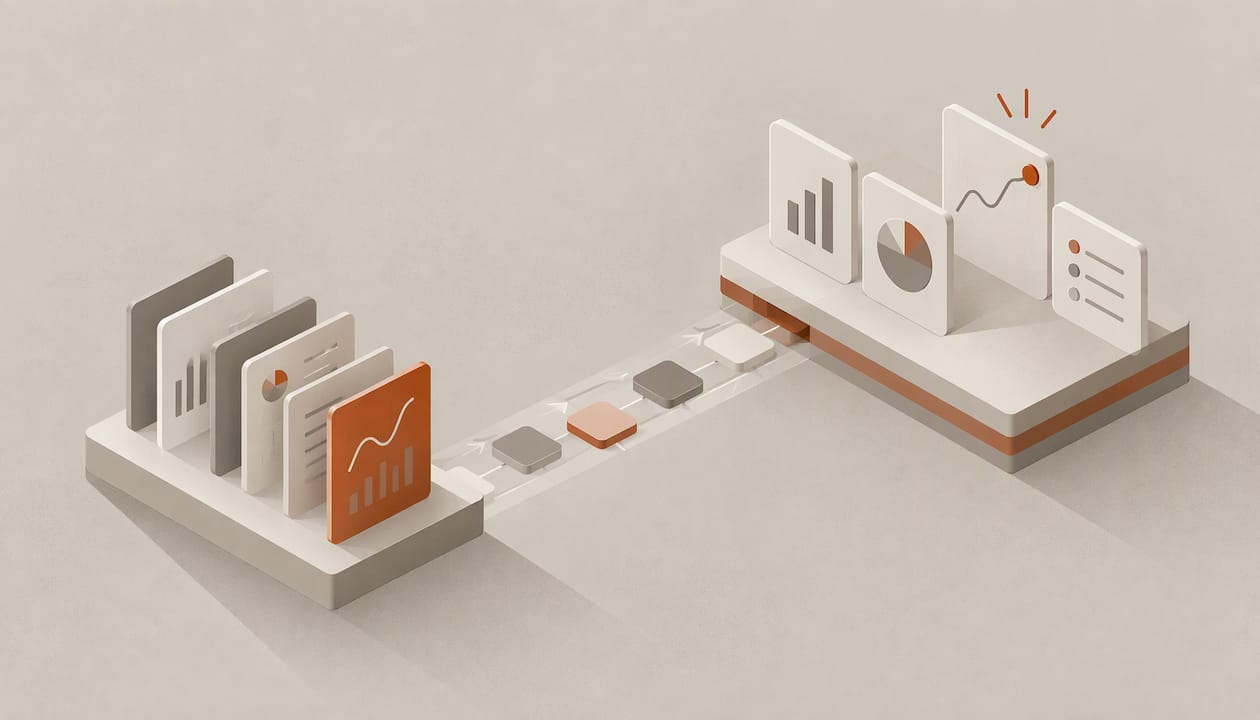 Abstract illustration of live sales data becoming insight
