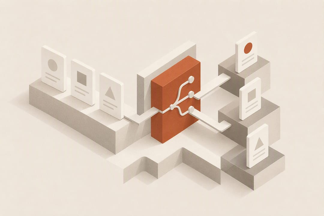 Isometric AI workflow branching illustration